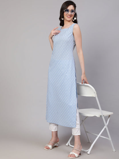 Women Blue Ethnic Printed Straight Sleeveless Kurta | LASVINI - Redefining Indian Fashion with Elegance
