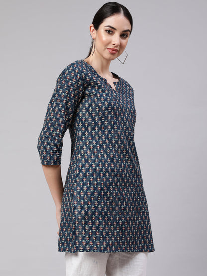 Women Blue Straight Tunic With Three Quarter Sleeves | LASVINI - Redefining Indian Fashion with Elegance
