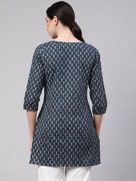 Women Blue Straight Tunic With Three Quarter Sleeves | LASVINI - Redefining Indian Fashion with Elegance