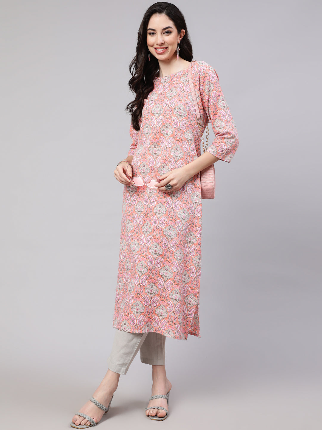 Women Pink Printed Straight Kurta With Three Quarter Sleeves | LASVINI - Redefining Indian Fashion with Elegance