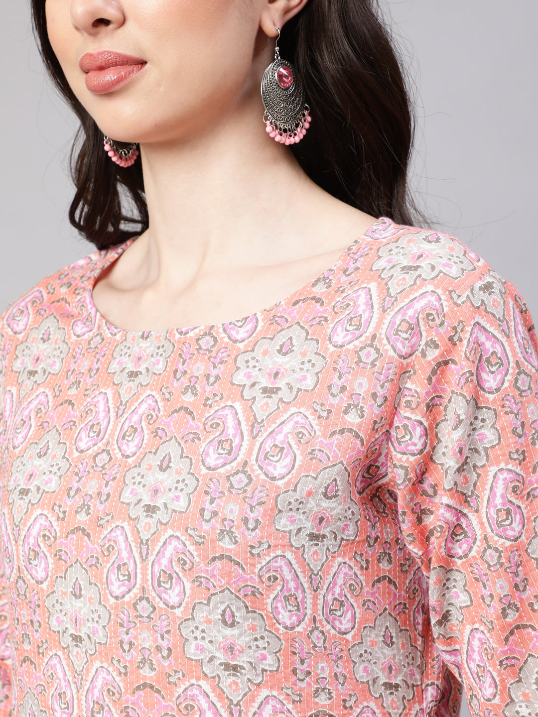 Women Pink Printed Straight Kurta With Three Quarter Sleeves | LASVINI - Redefining Indian Fashion with Elegance