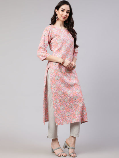 Women Pink Printed Straight Kurta With Three Quarter Sleeves | LASVINI - Redefining Indian Fashion with Elegance