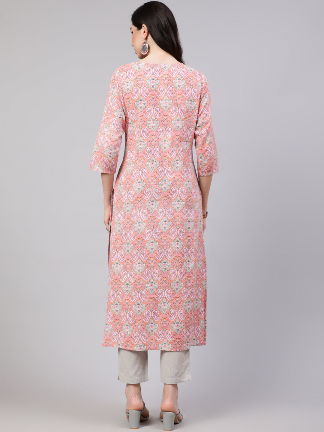 Women Pink Printed Straight Kurta With Three Quarter Sleeves | LASVINI - Redefining Indian Fashion with Elegance