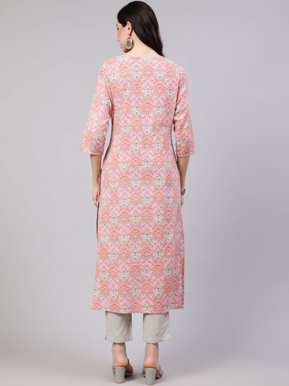 Women Pink Printed Straight Kurta With Three Quarter Sleeves | LASVINI - Redefining Indian Fashion with Elegance