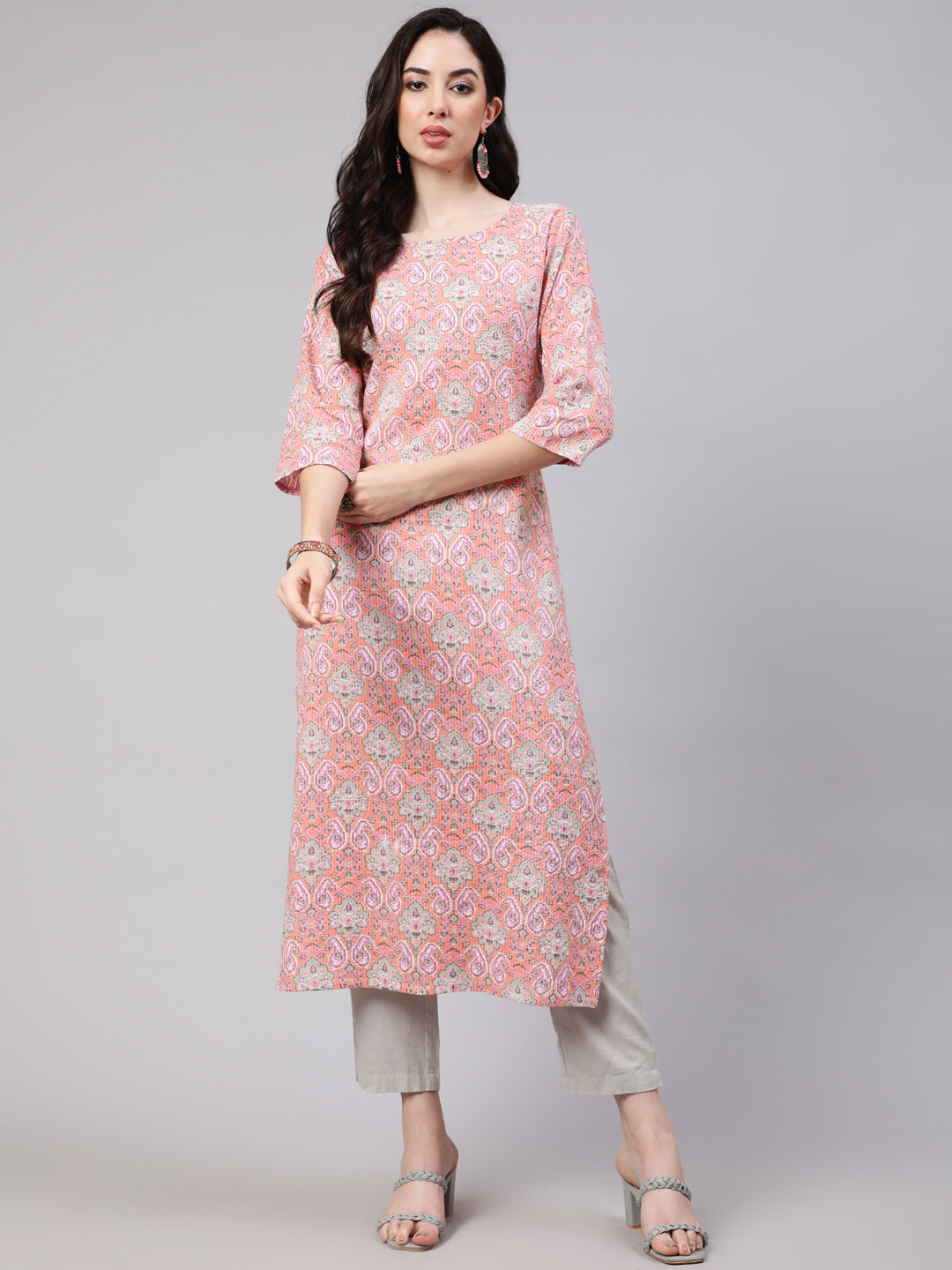 Women Pink Printed Straight Kurta With Three Quarter Sleeves | LASVINI - Redefining Indian Fashion with Elegance