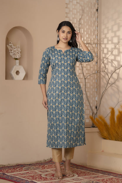 Women Green Ethnic Printed Straight Kurta With Three Quarter Sleeves | LASVINI - Redefining Indian Fashion with Elegance