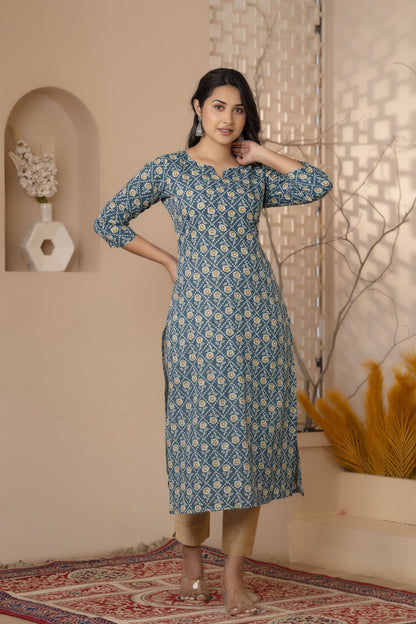 Women Green Ethnic Printed Straight Kurta With Three Quarter Sleeves | LASVINI - Redefining Indian Fashion with Elegance
