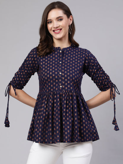 Women Navy Blue & Gold Printed Peplon Top | LASVINI - Redefining Indian Fashion with Elegance
