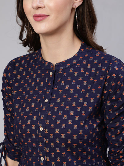 Women Navy Blue & Gold Printed Peplon Top | LASVINI - Redefining Indian Fashion with Elegance