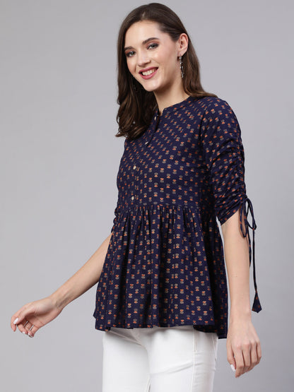 Women Navy Blue & Gold Printed Peplon Top | LASVINI - Redefining Indian Fashion with Elegance