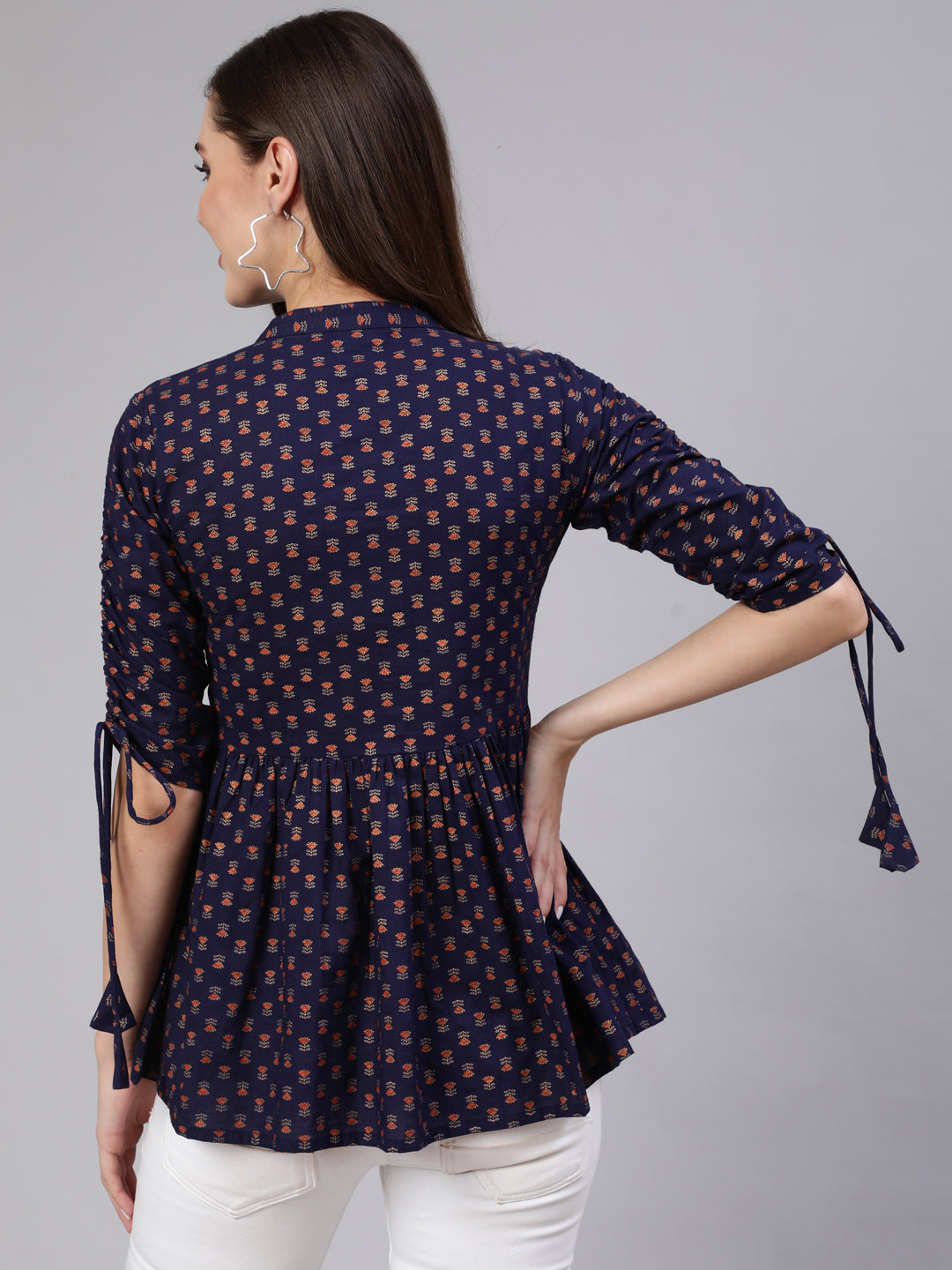 Women Navy Blue & Gold Printed Peplon Top | LASVINI - Redefining Indian Fashion with Elegance