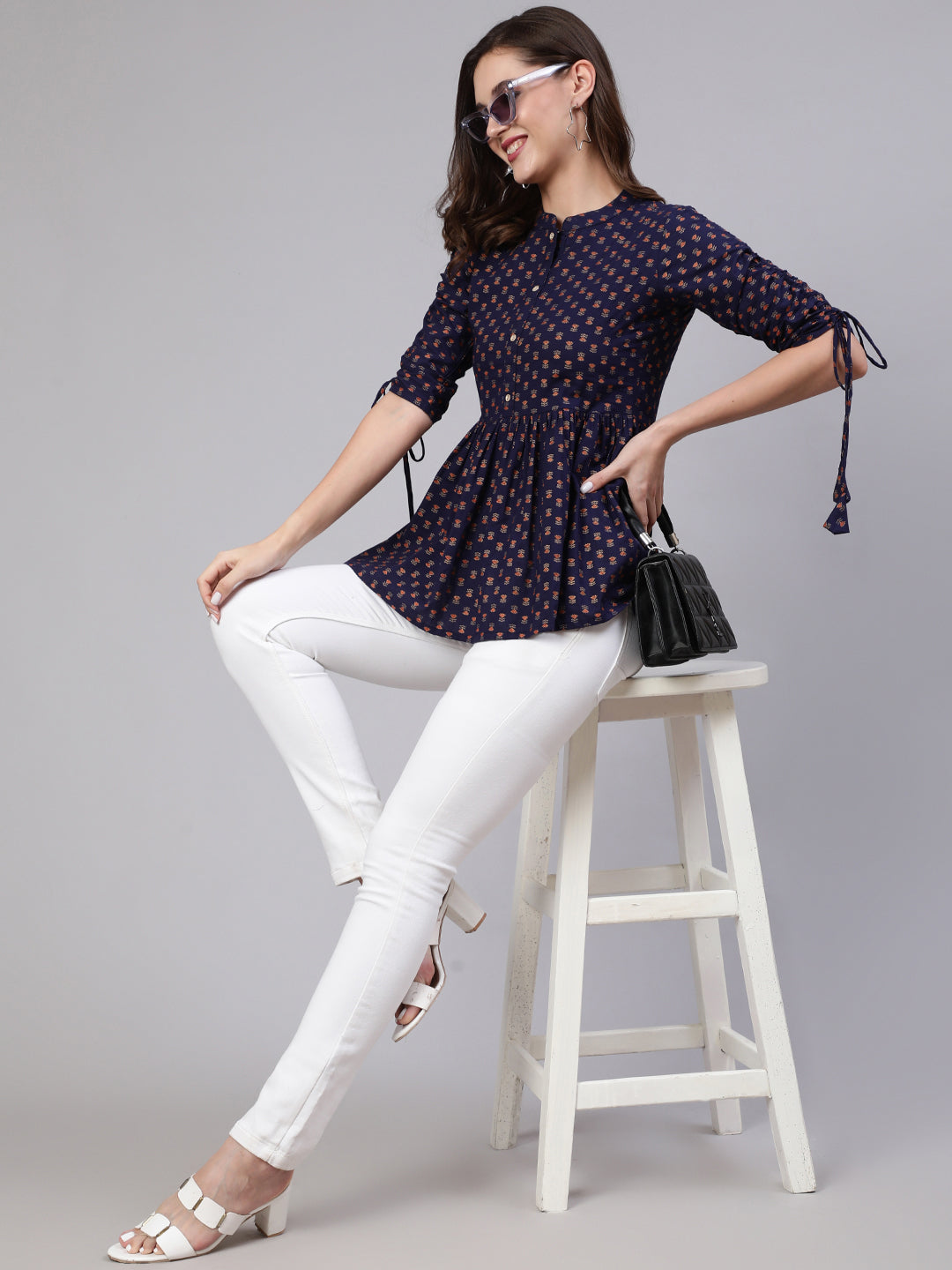 Women Navy Blue & Gold Printed Peplon Top | LASVINI - Redefining Indian Fashion with Elegance