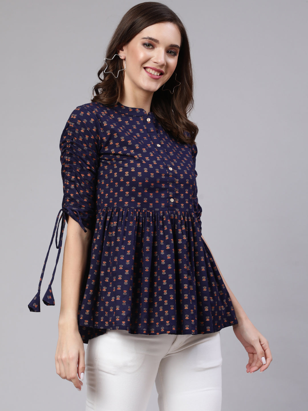 Women Navy Blue & Gold Printed Peplon Top | LASVINI - Redefining Indian Fashion with Elegance