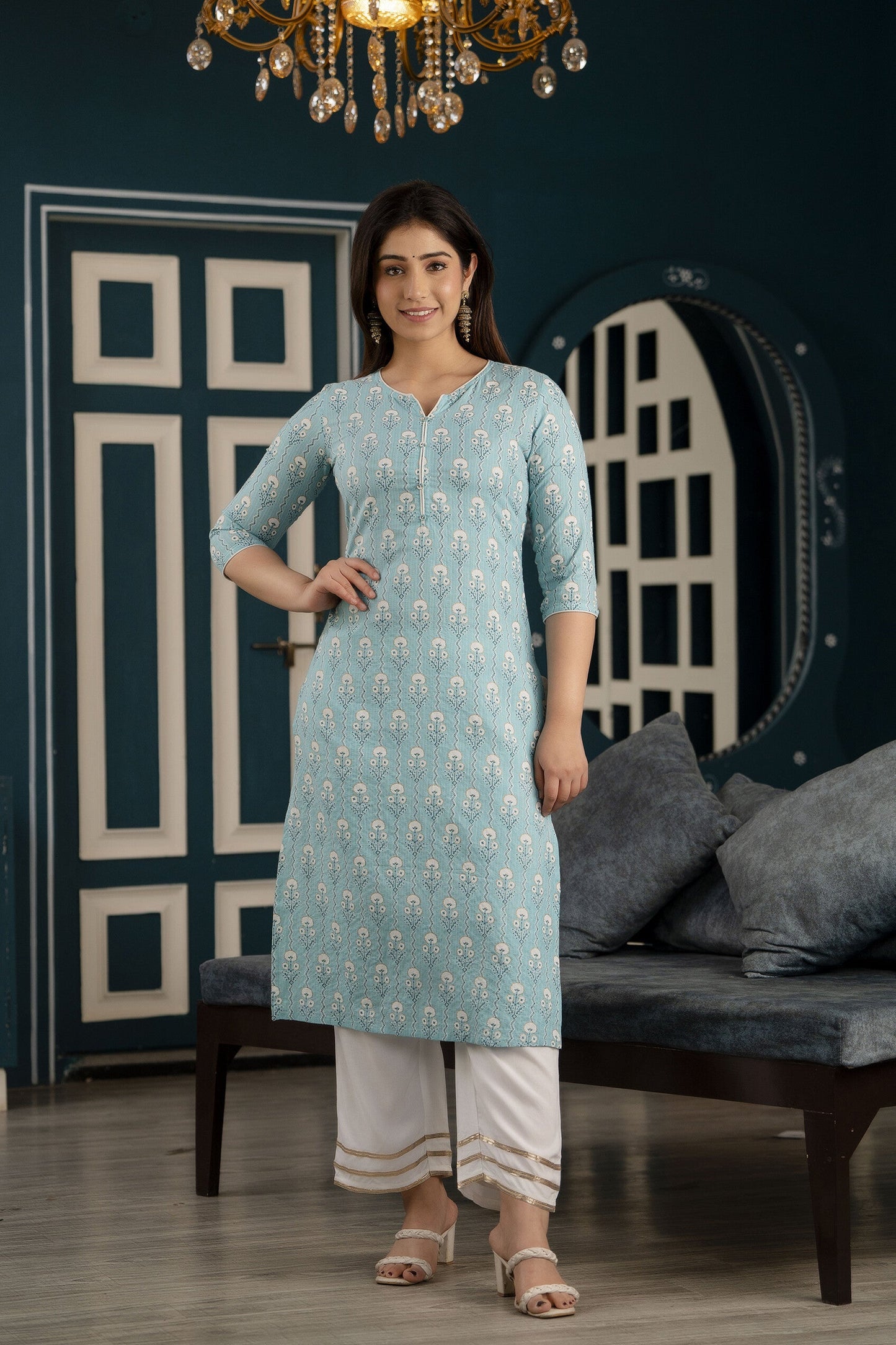 Women Blue Ethnic Printed Straight Kurta With Three Quarter Sleeves | LASVINI - Redefining Indian Fashion with Elegance