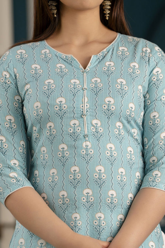 Women Blue Ethnic Printed Straight Kurta With Three Quarter Sleeves | LASVINI - Redefining Indian Fashion with Elegance