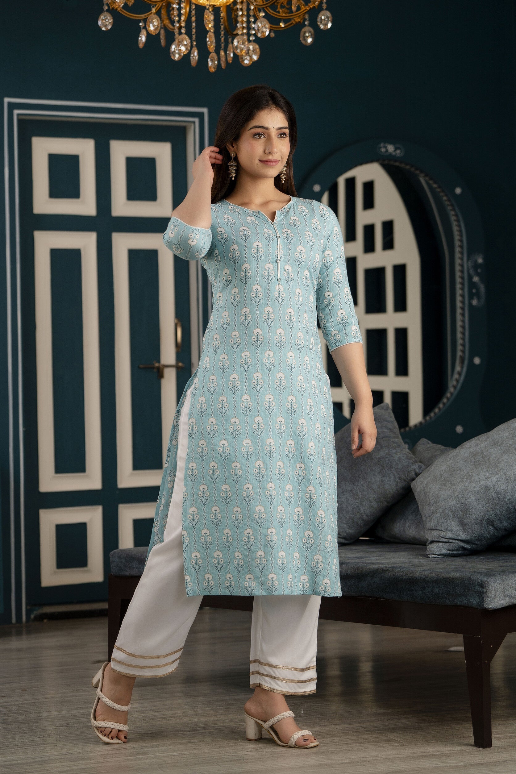 Women Blue Ethnic Printed Straight Kurta With Three Quarter Sleeves | LASVINI - Redefining Indian Fashion with Elegance