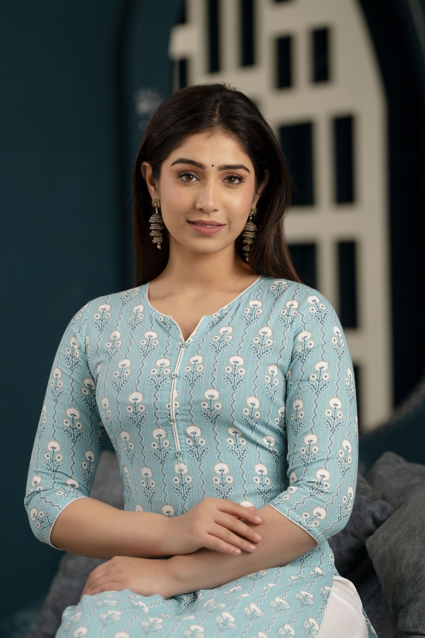 Women Blue Ethnic Printed Straight Kurta With Three Quarter Sleeves | LASVINI - Redefining Indian Fashion with Elegance