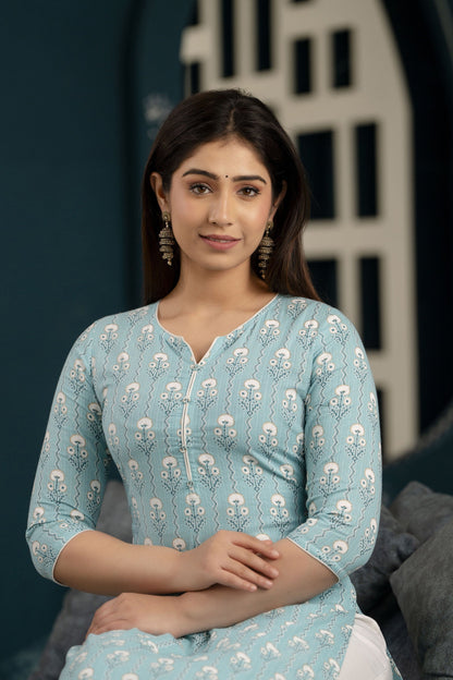 Women Blue Ethnic Printed Straight Kurta With Three Quarter Sleeves | LASVINI - Redefining Indian Fashion with Elegance