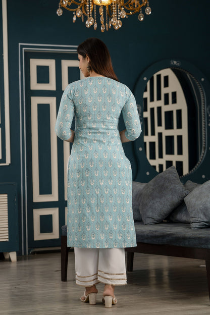 Women Blue Ethnic Printed Straight Kurta With Three Quarter Sleeves | LASVINI - Redefining Indian Fashion with Elegance