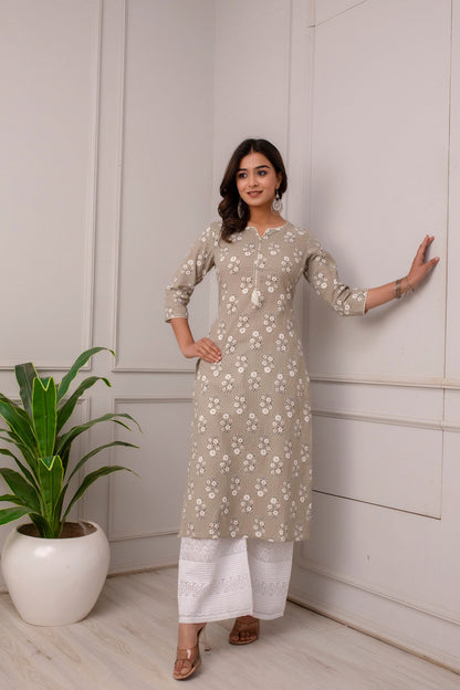 Women Grey Ethnic Printed Straight Kurta With Three Quarter Sleeves | LASVINI - Redefining Indian Fashion with Elegance