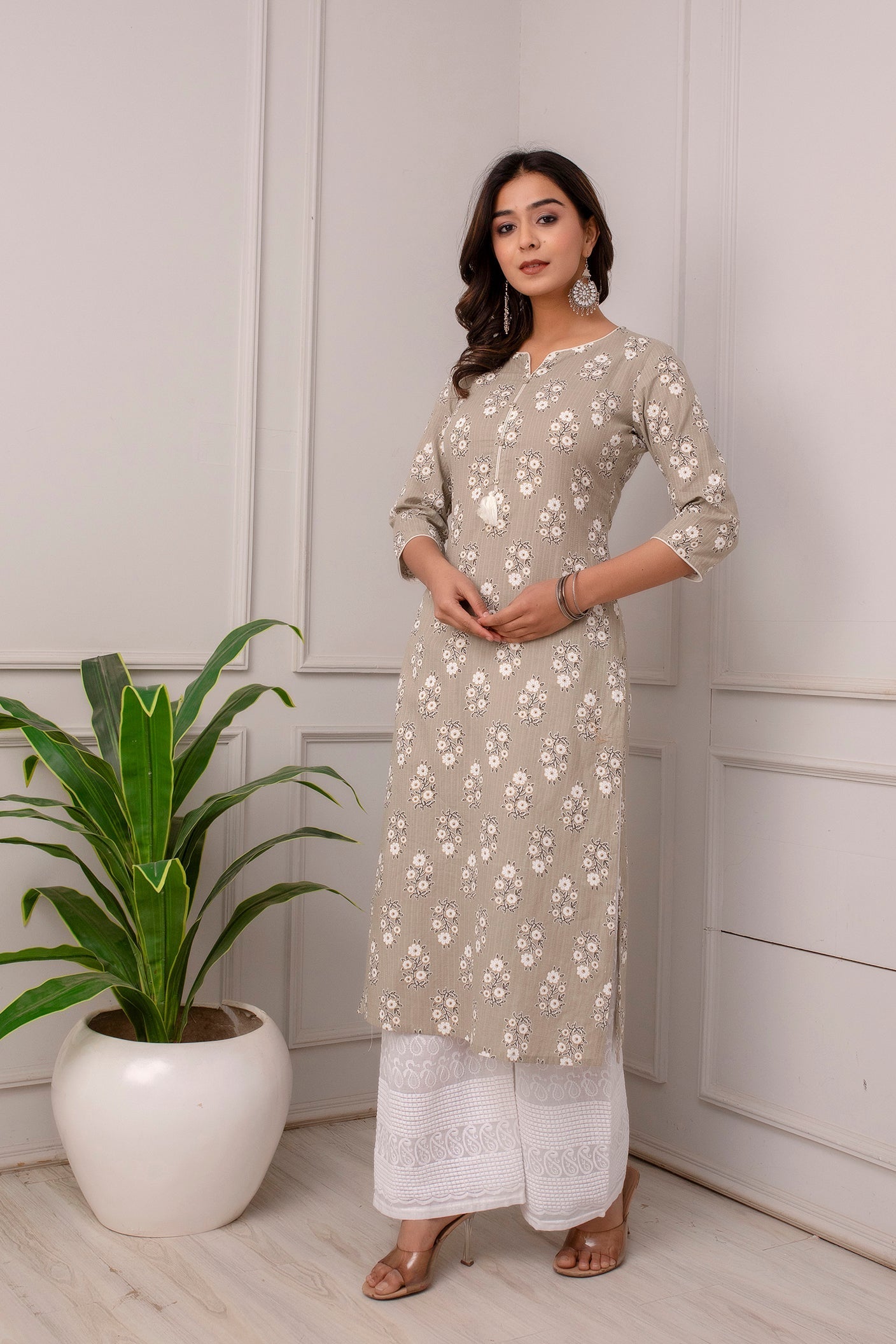 Women Grey Ethnic Printed Straight Kurta With Three Quarter Sleeves | LASVINI - Redefining Indian Fashion with Elegance