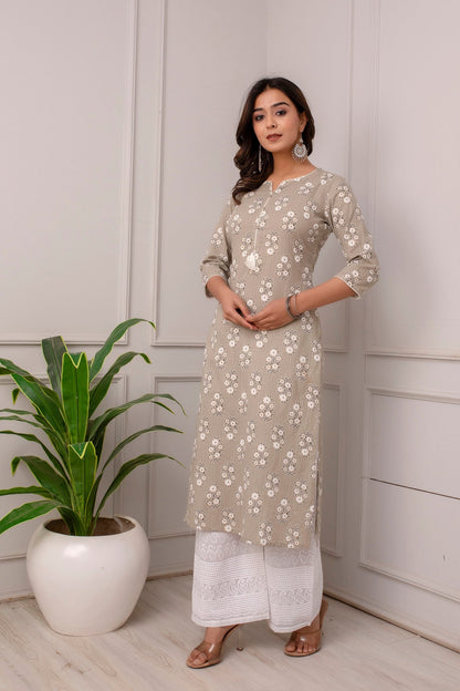 Women Grey Ethnic Printed Straight Kurta With Three Quarter Sleeves | LASVINI - Redefining Indian Fashion with Elegance