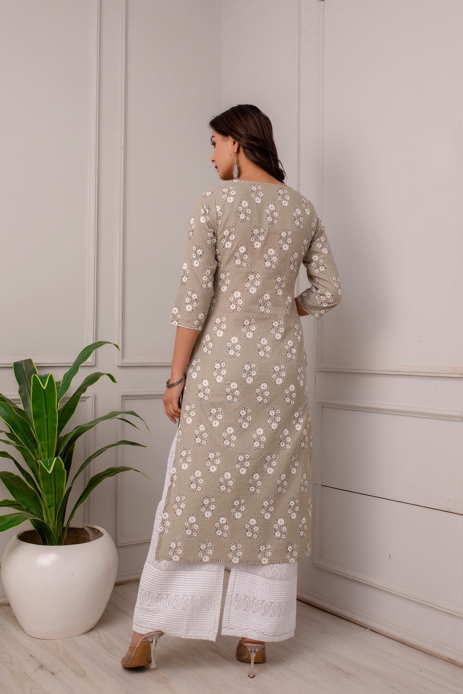 Women Grey Ethnic Printed Straight Kurta With Three Quarter Sleeves | LASVINI - Redefining Indian Fashion with Elegance