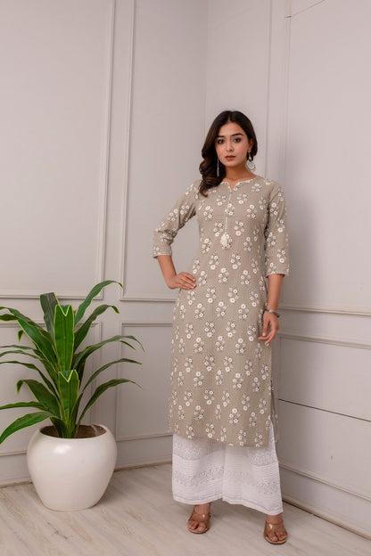 Women Grey Ethnic Printed Straight Kurta With Three Quarter Sleeves | LASVINI - Redefining Indian Fashion with Elegance