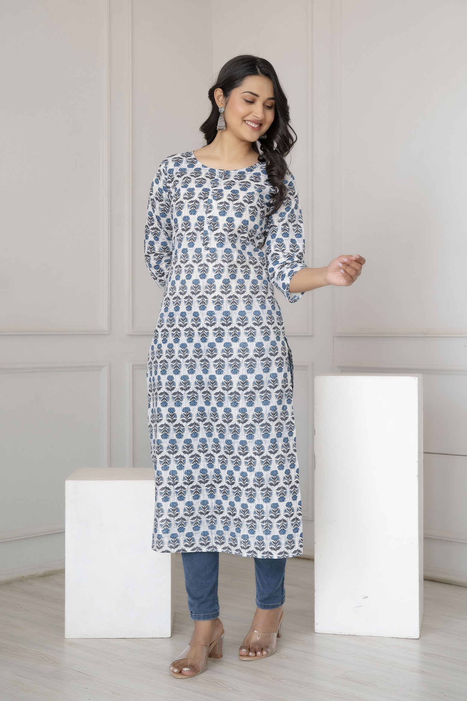 Women Off-White Printed Straight Kurta With Three Quarter Sleeves | LASVINI - Redefining Indian Fashion with Elegance