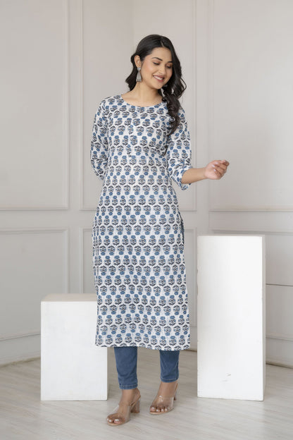 Women Off-White Printed Straight Kurta With Three Quarter Sleeves | LASVINI - Redefining Indian Fashion with Elegance