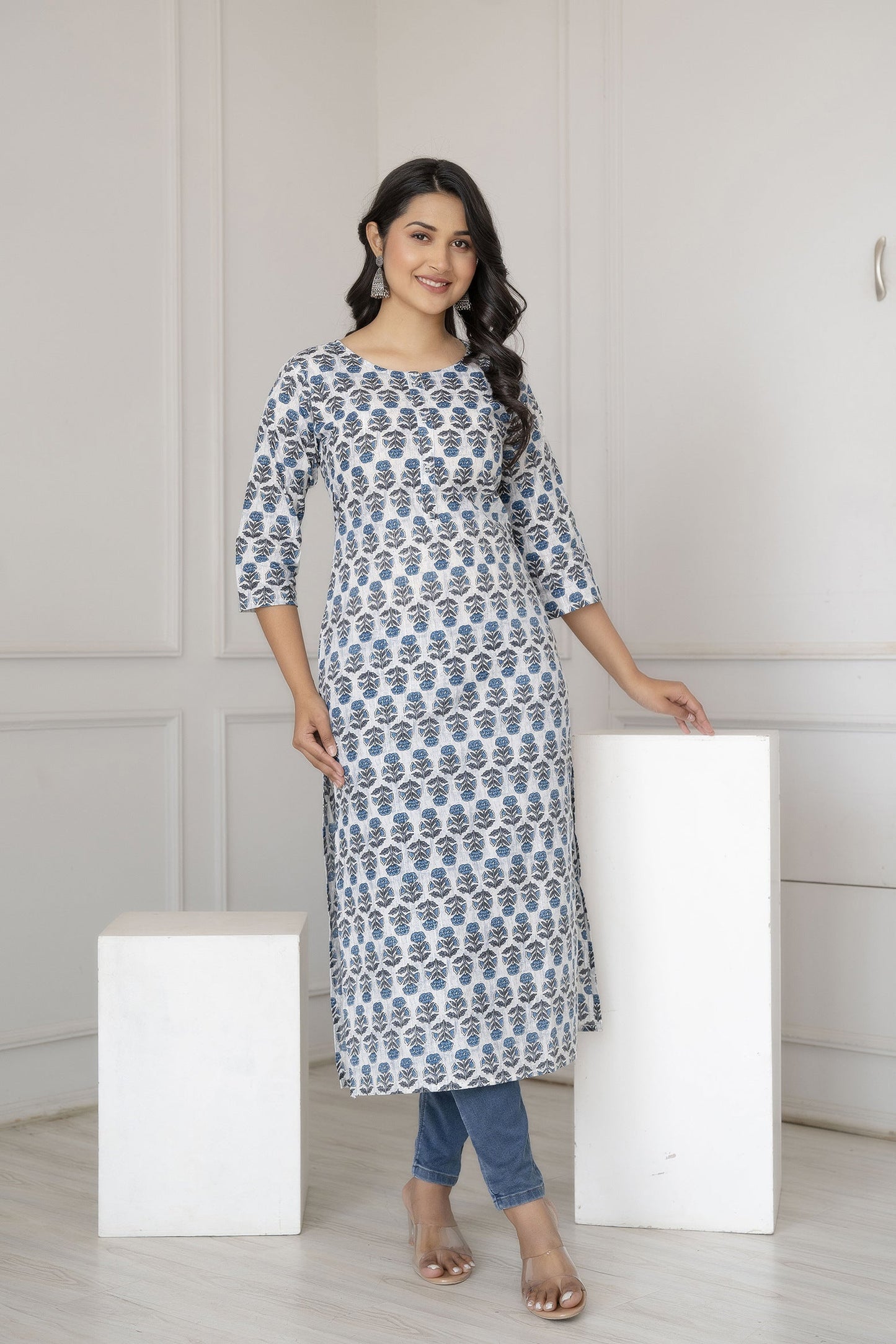 Women Off-White Printed Straight Kurta With Three Quarter Sleeves | LASVINI - Redefining Indian Fashion with Elegance