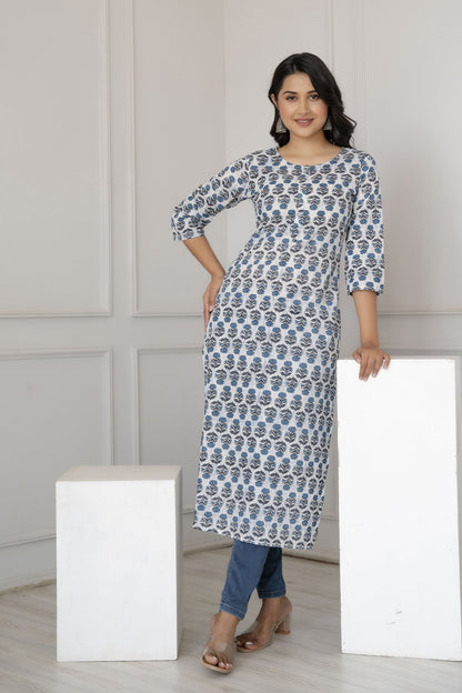 Women Off-White Printed Straight Kurta With Three Quarter Sleeves | LASVINI - Redefining Indian Fashion with Elegance