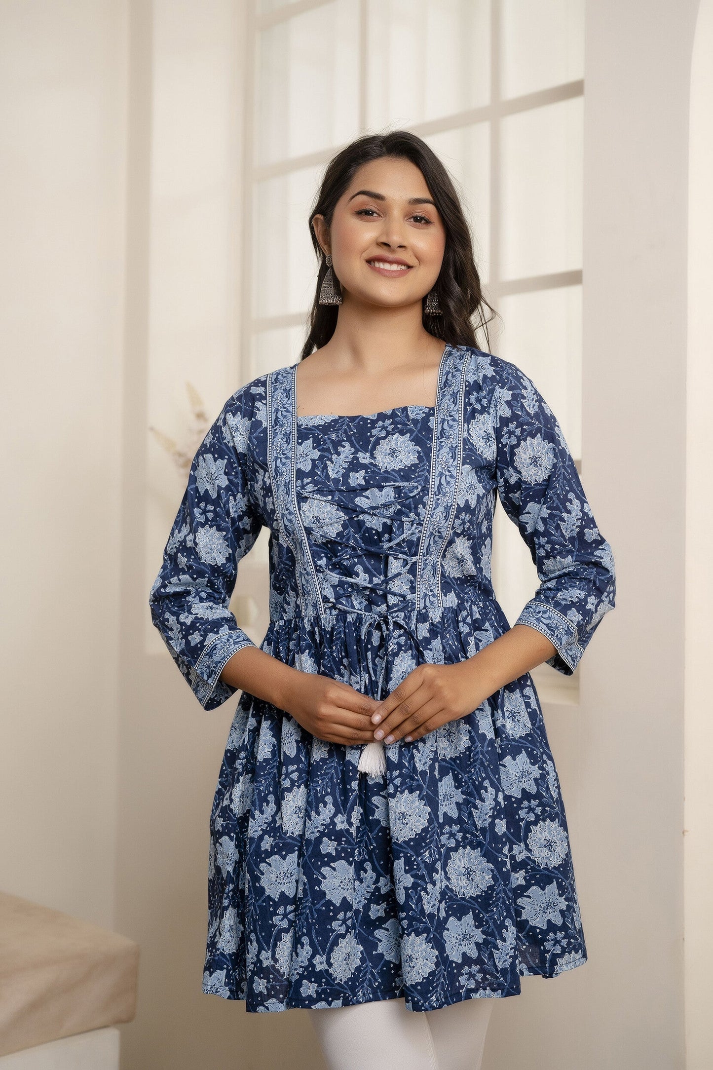 Women Blue Printed Peplum Tunic | LASVINI - Redefining Indian Fashion with Elegance