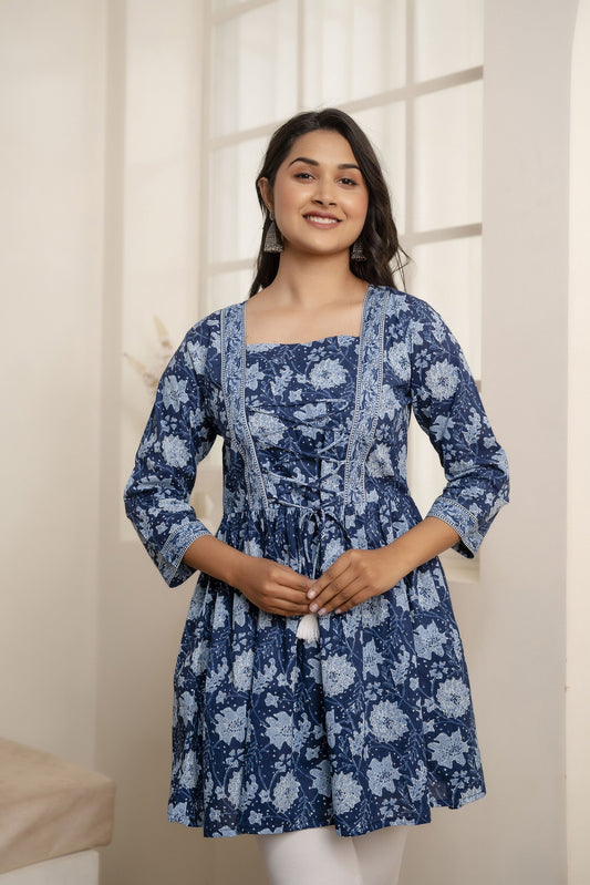 Women Blue Printed Peplum Tunic | LASVINI - Redefining Indian Fashion with Elegance