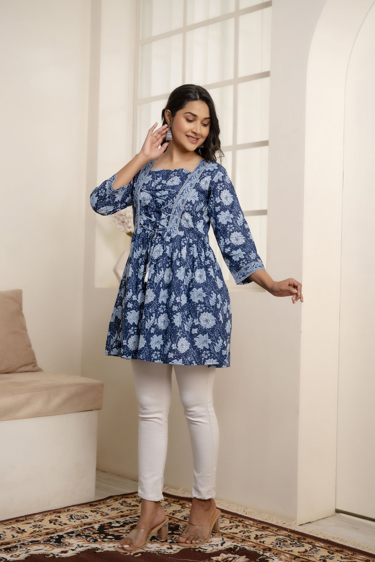 Women Blue Printed Peplum Tunic | LASVINI - Redefining Indian Fashion with Elegance