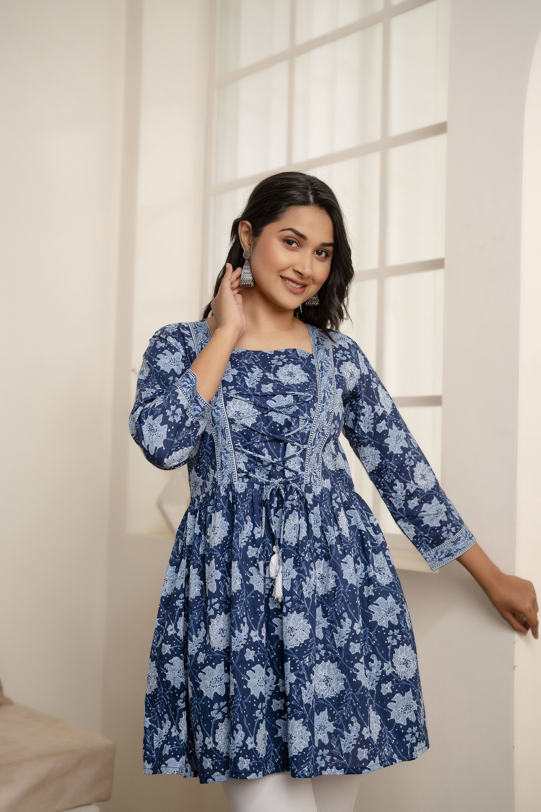 Women Blue Printed Peplum Tunic | LASVINI - Redefining Indian Fashion with Elegance