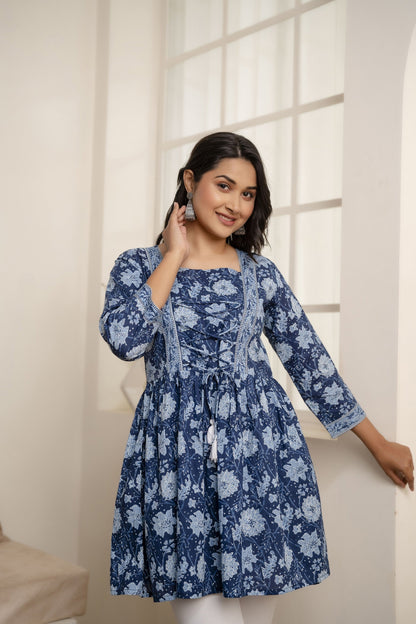 Women Blue Printed Peplum Tunic | LASVINI - Redefining Indian Fashion with Elegance
