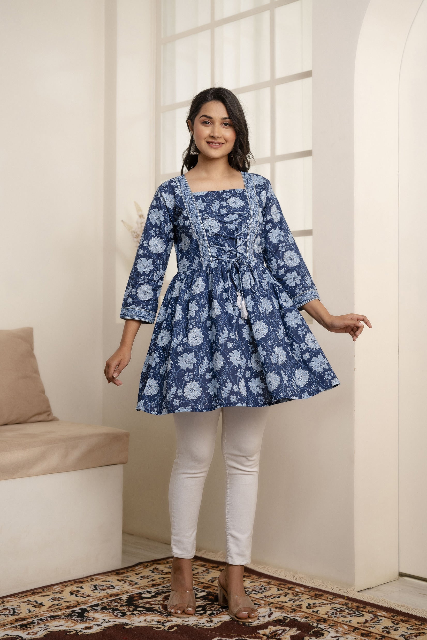 Women Blue Printed Peplum Tunic | LASVINI - Redefining Indian Fashion with Elegance