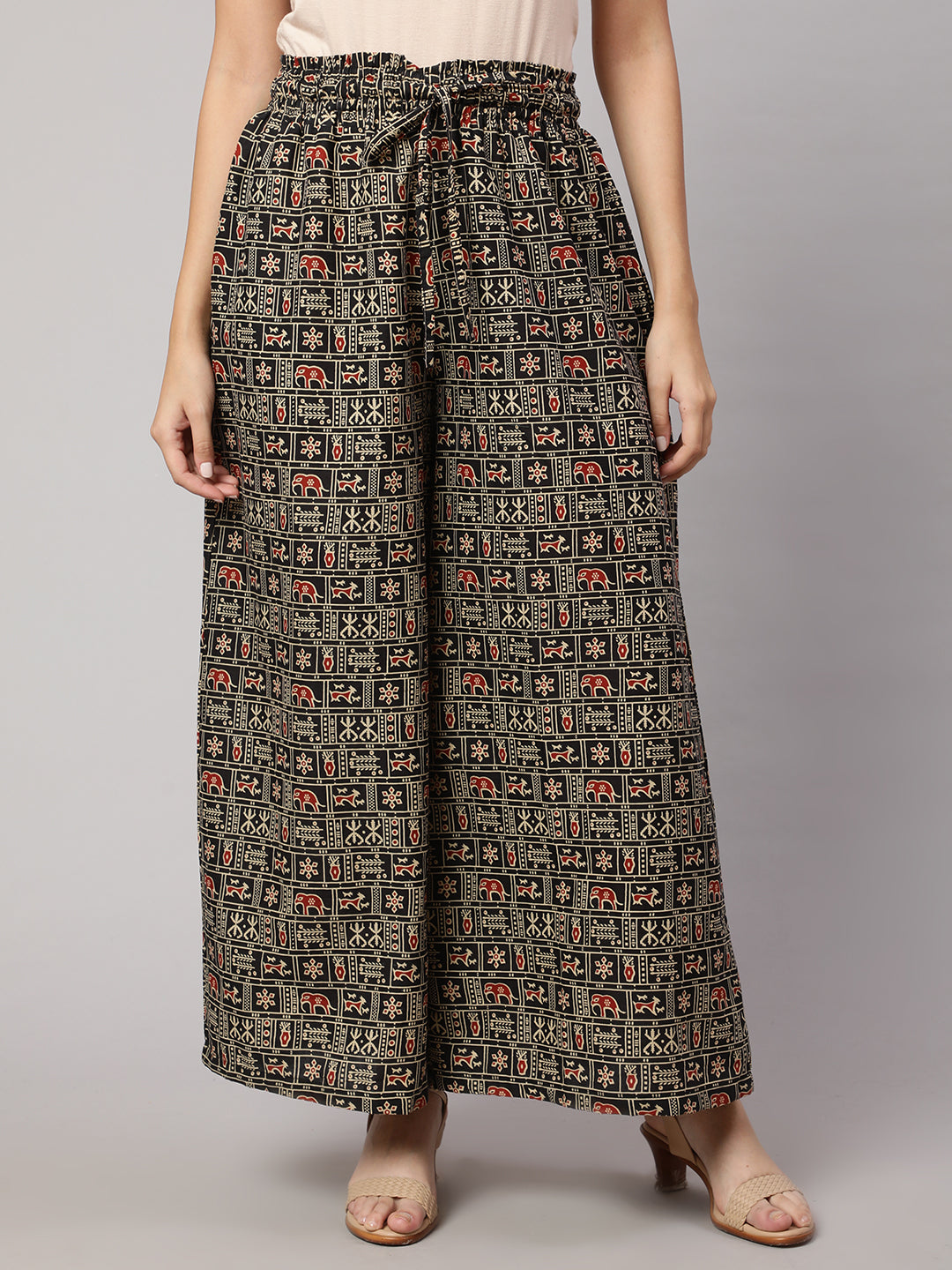 Women Black Printed Wide Legged Printed Palazzo With Side Pockets | LASVINI - Redefining Indian Fashion with Elegance