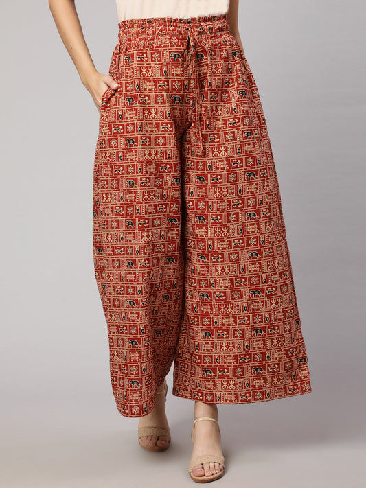 Women Rust Printed Wide Legged Printed Palazzo With Side Pockets | LASVINI - Redefining Indian Fashion with Elegance