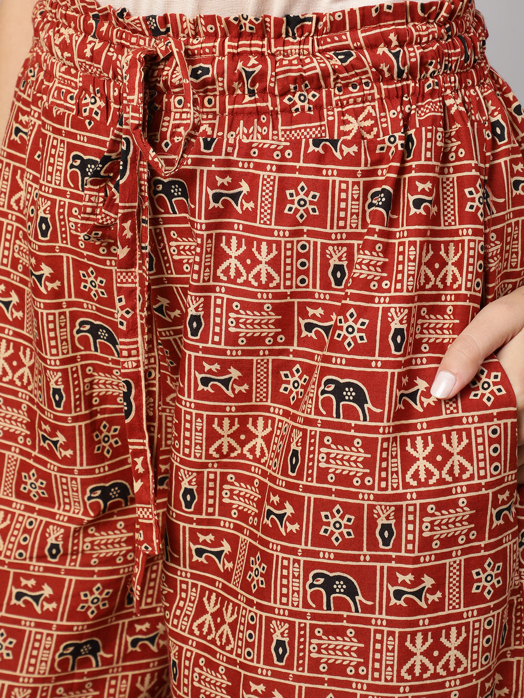 Women Rust Printed Wide Legged Printed Palazzo With Side Pockets | LASVINI - Redefining Indian Fashion with Elegance