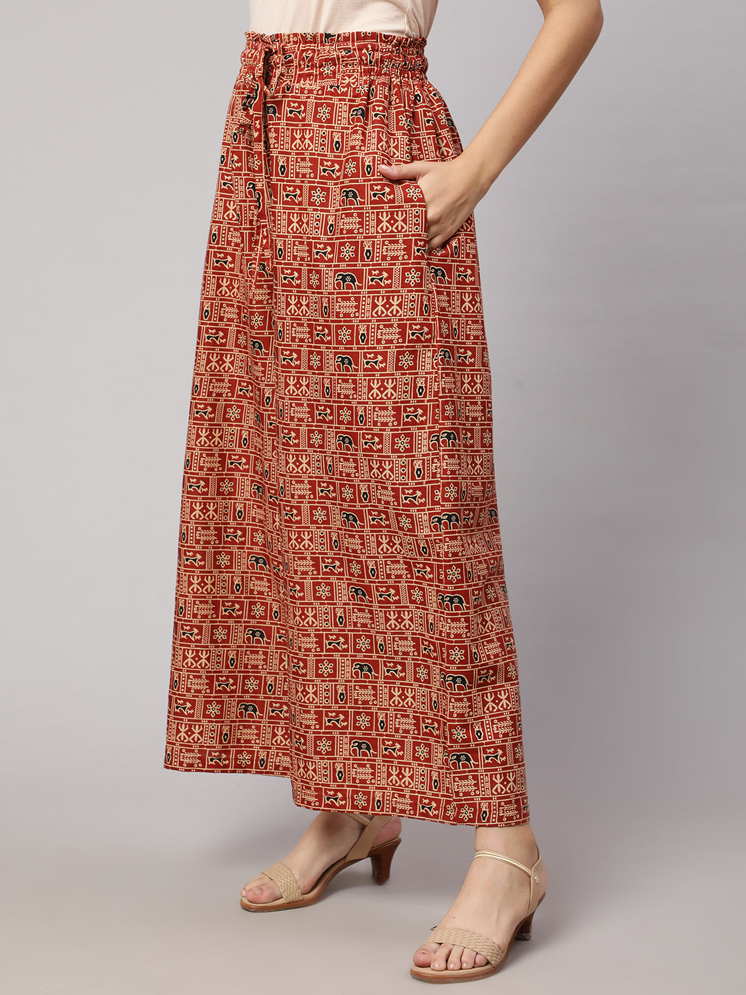 Women Rust Printed Wide Legged Printed Palazzo With Side Pockets | LASVINI - Redefining Indian Fashion with Elegance