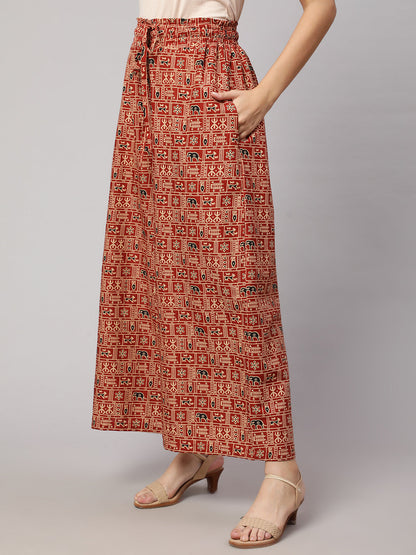 Women Rust Printed Wide Legged Printed Palazzo With Side Pockets | LASVINI - Redefining Indian Fashion with Elegance