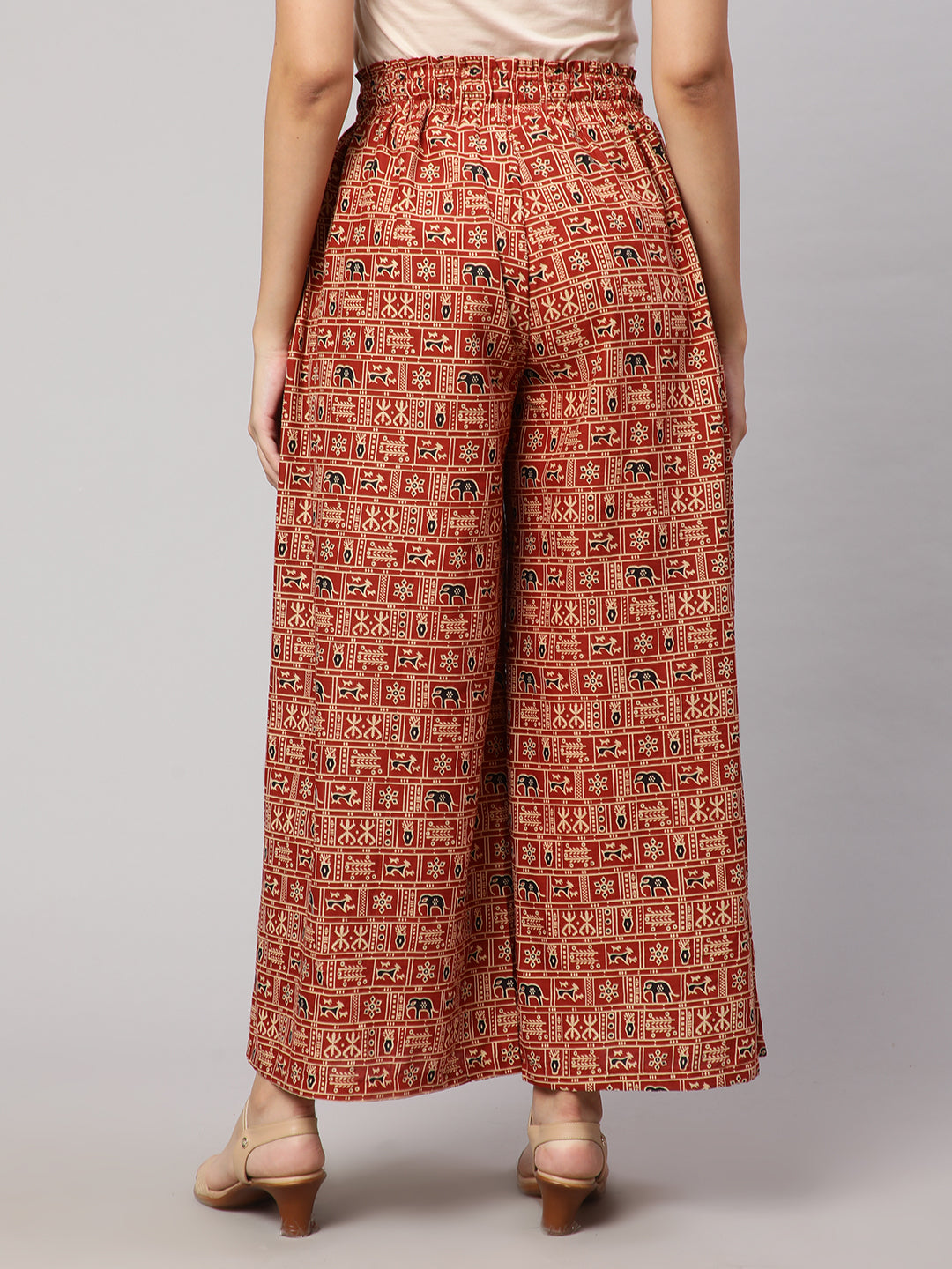 Women Rust Printed Wide Legged Printed Palazzo With Side Pockets | LASVINI - Redefining Indian Fashion with Elegance