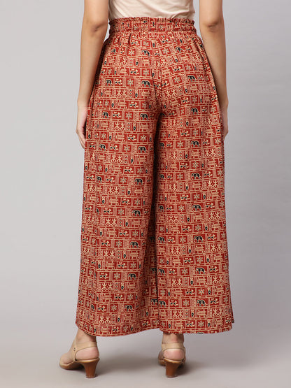 Women Rust Printed Wide Legged Printed Palazzo With Side Pockets | LASVINI - Redefining Indian Fashion with Elegance