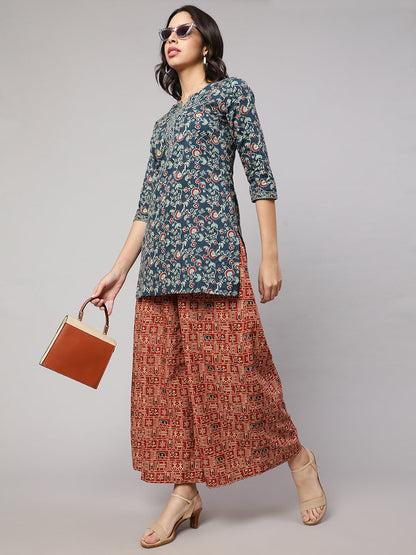 Women Rust Printed Wide Legged Printed Palazzo With Side Pockets | LASVINI - Redefining Indian Fashion with Elegance