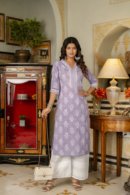 Women Purple Ethnic Printed Straight Kurta With Three Quarter Sleeves | LASVINI - Redefining Indian Fashion with Elegance