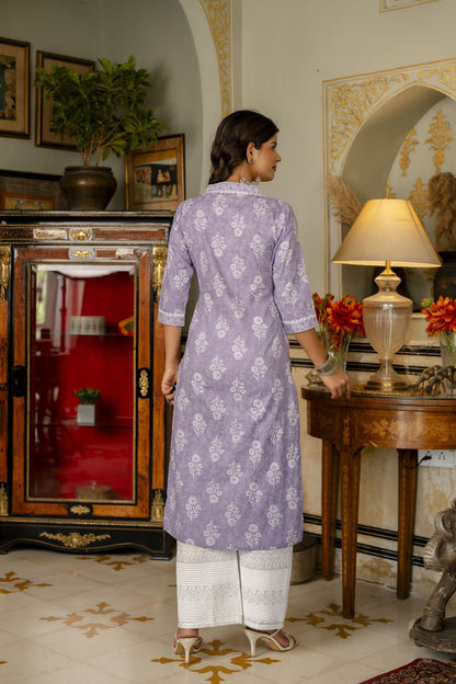 Women Purple Ethnic Printed Straight Kurta With Three Quarter Sleeves | LASVINI - Redefining Indian Fashion with Elegance