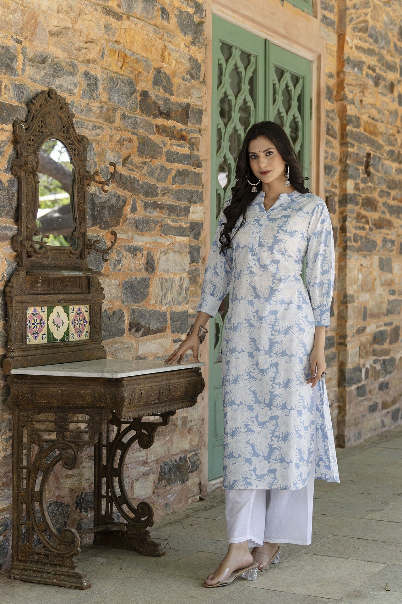 Women Blue Printed Straight Kurta With Three Quarter Sleeves | LASVINI - Redefining Indian Fashion with Elegance