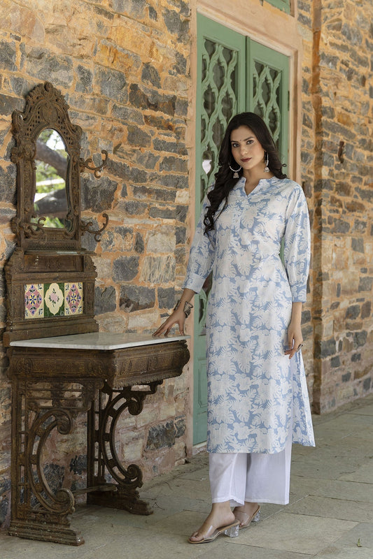 Women Blue Printed Straight Kurta With Three Quarter Sleeves | LASVINI - Redefining Indian Fashion with Elegance